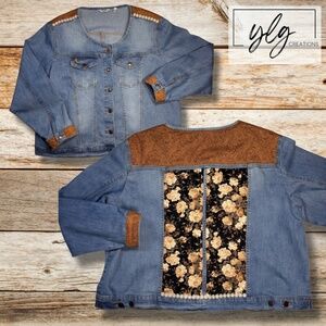 Womens Denim Jacket Neutral Browns Floral Patch Trim Collarless Trucker Size 22